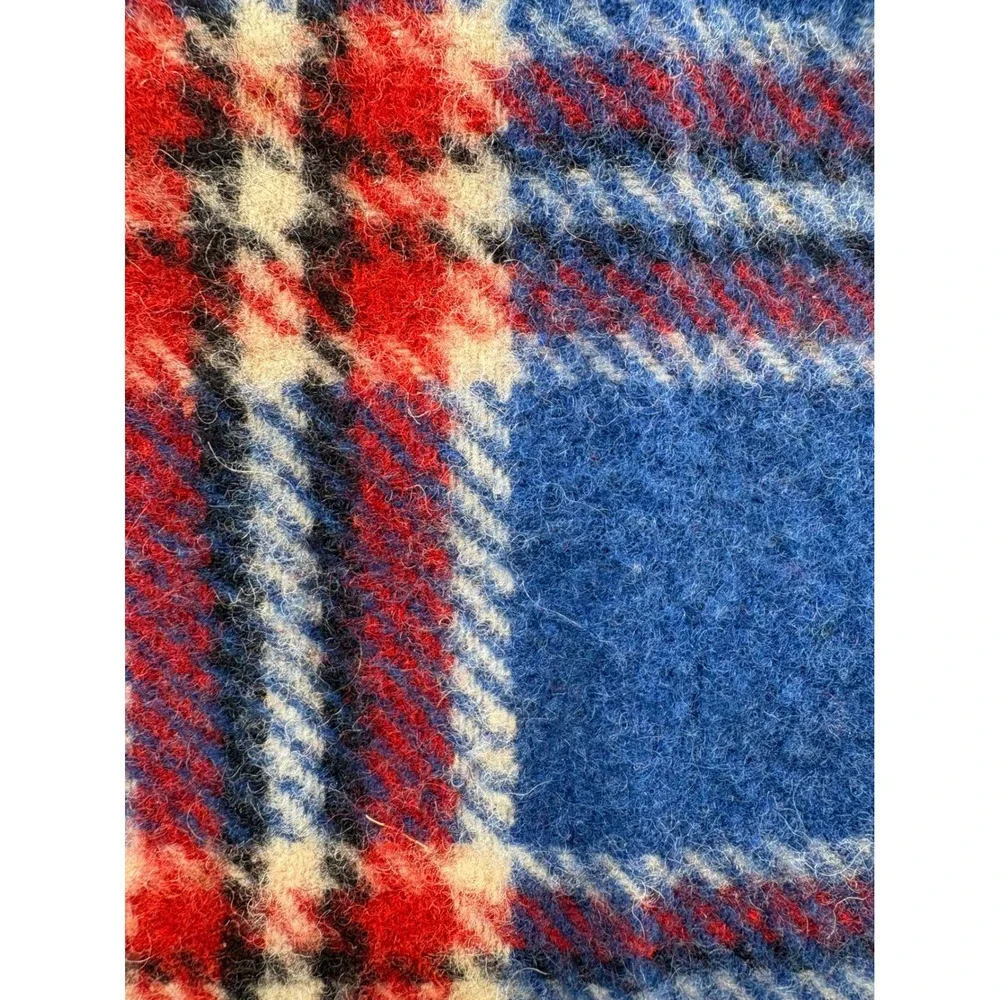 VTG Blue Plaid Wool Tartan Throw Stadium Blanket Red White Fringe Large 67x58